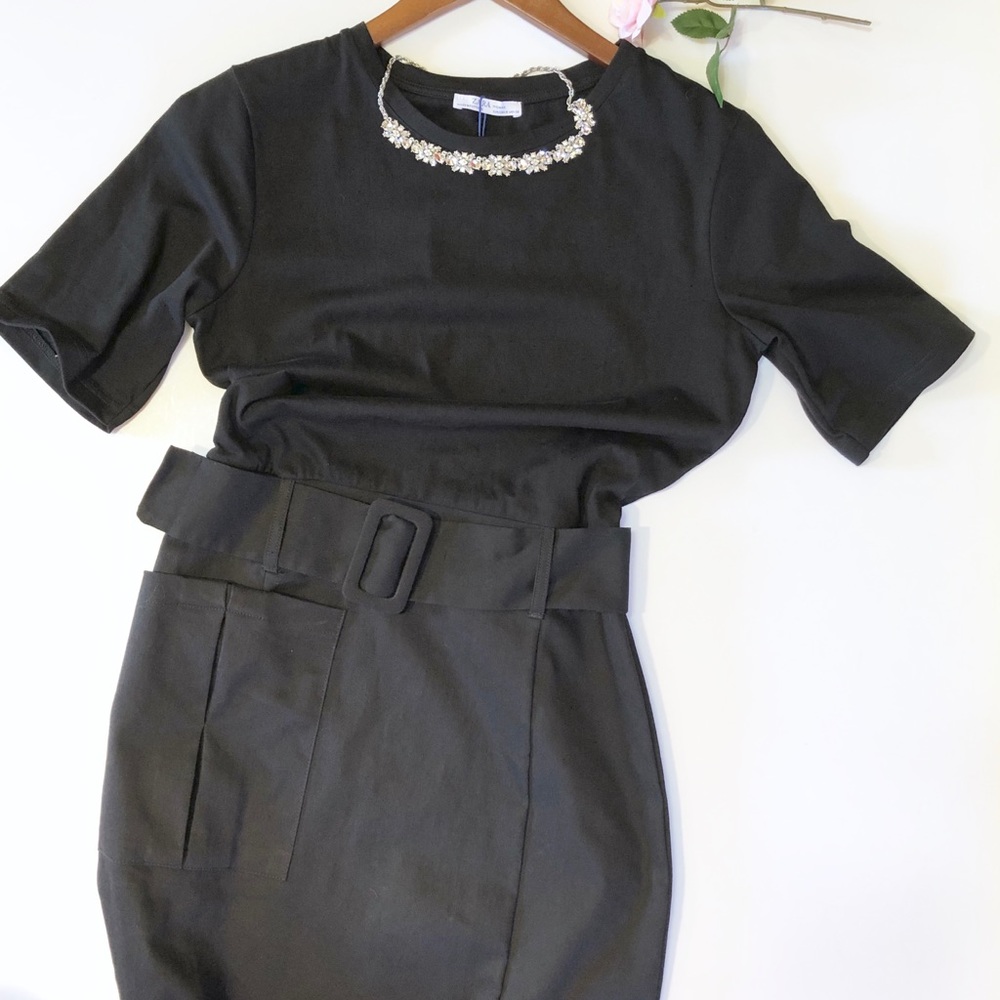 Zara Woman Black Belted Waist Short Sleeve Dress